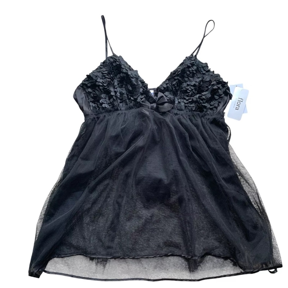 Flora by Flora Nikrooz Lingerie Set Babydoll & Panty Size Large Black Sheer NWT